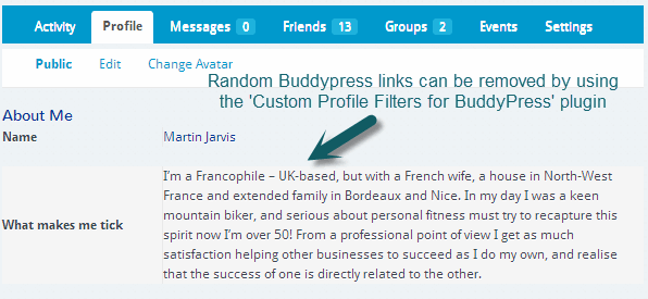 Screenshot of how to remove random BuddyPress profile links