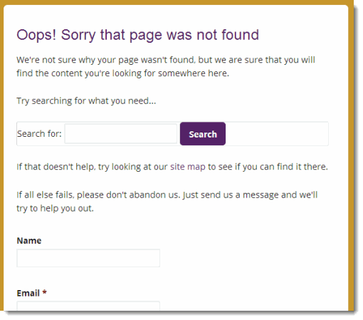 Screenshot of a 404 page not found website broken link