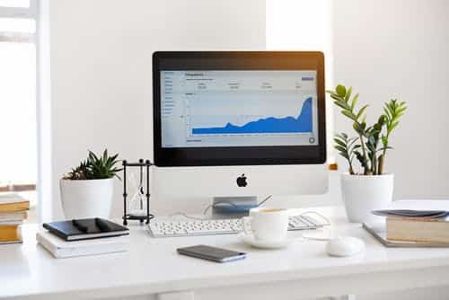 Blue graph on apple computer-2 plants-white desk-white coffee cup-mobile-books-white mouse