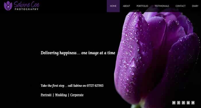 Screenshot of WordPress photographers site with purple tulip background