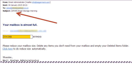 Screenshot of spam or phishing email warning of full mailbox