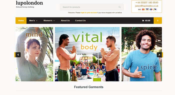 Screenshot of ecommerce site home page sellnig hemp clothing