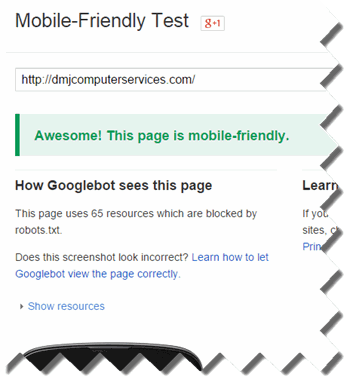 Screenshot showing results of the Google Mobile-Friendly Website tool