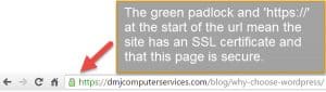 Green padlock and address bar showing the website is secure