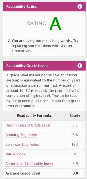 Screenshot of website readability score