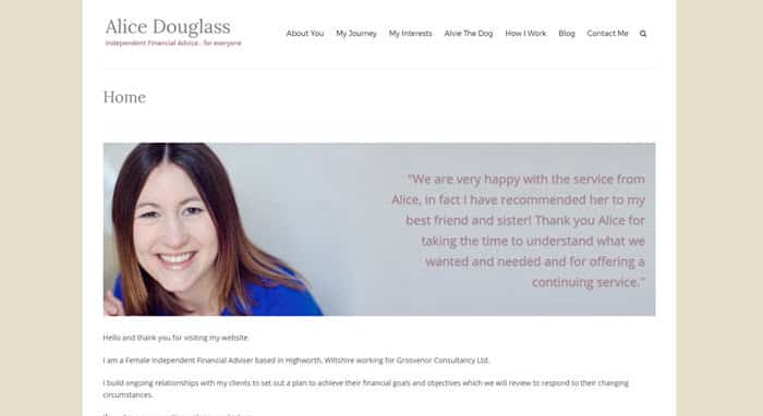Alice Douglass Financial Adviser blogging website screenshot