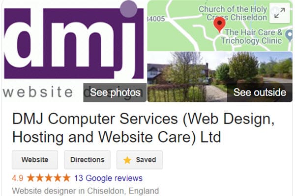 Screenshot of top of knowledge graph panel for DMJ Computer Services