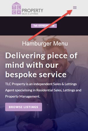 Mobile phone screenshot showing hamburger menu