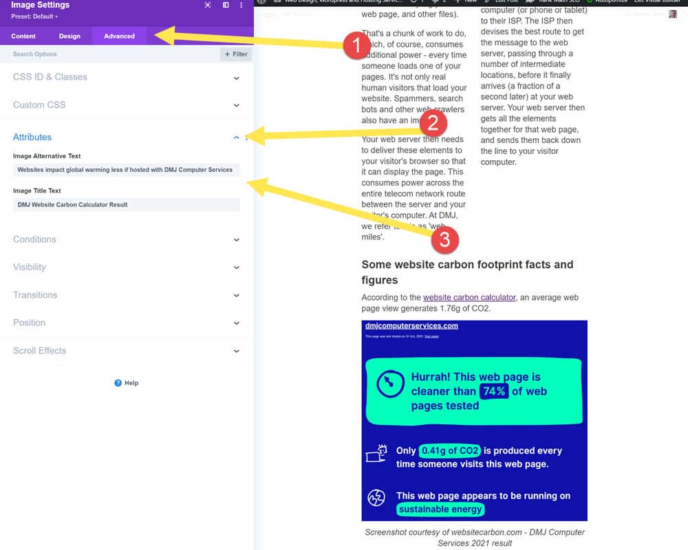 Screenshot showing edit of alt text in Divi theme