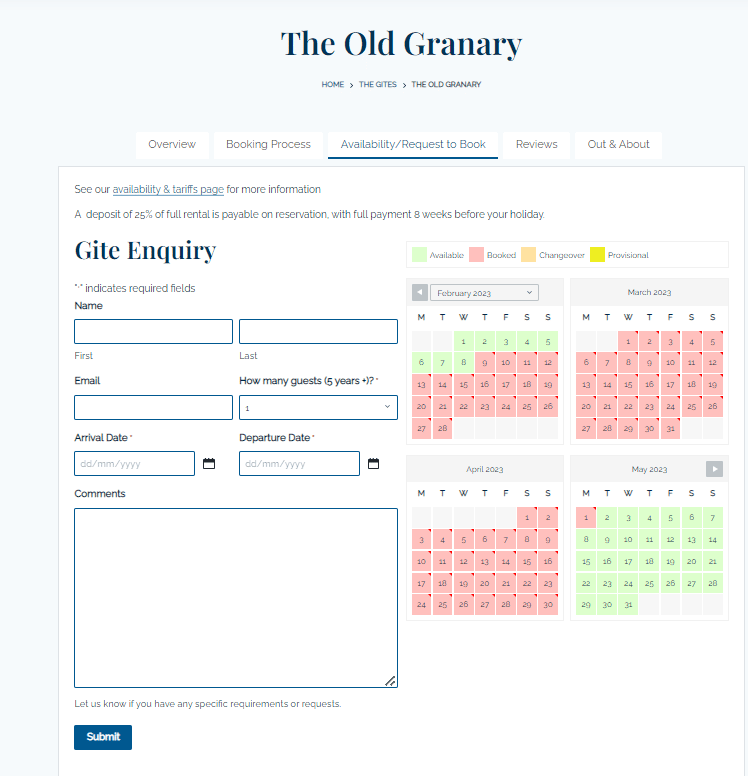 Holiday rental enquiry form plus availability calendar screenshot.